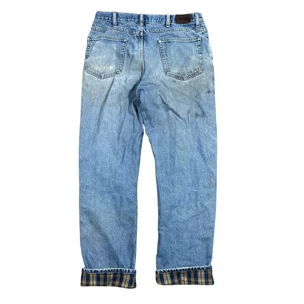 Vintage L.L. Bean Flannel Lined Jeans 34x32 Distressed Blue Denim Relaxed Fit
